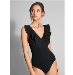 Empreinte Maillot Une Pièce Décolleté V Noir Avec Volants Wave 7 Empreinte Maillot Une Pièce Décolleté V Noir Avec Volants Wave -Chic Plage Boutique WAVE BODY FACE