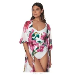 Maillot De Bain 1 Pièce Fleuri Fond Blanc Avec Mousses Adela