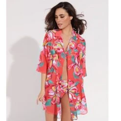 Chemise De Plage Fluide Fond Vert Sara -Chic Plage Boutique sara corail